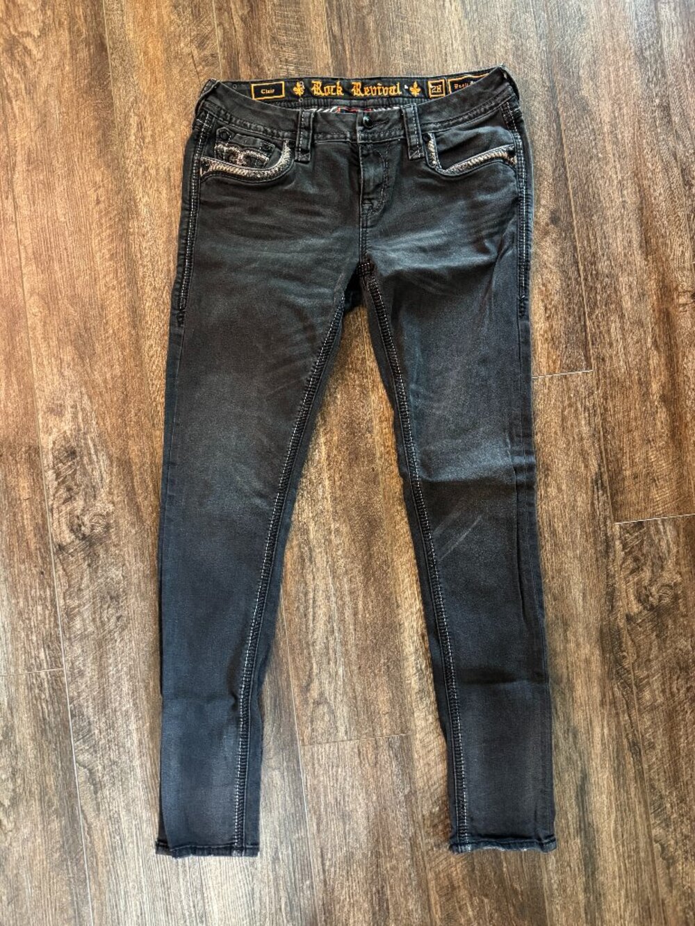 Rock Revival Clair Easy Skinny Jeans Faded Black Fleur de Lis Embellished Size28